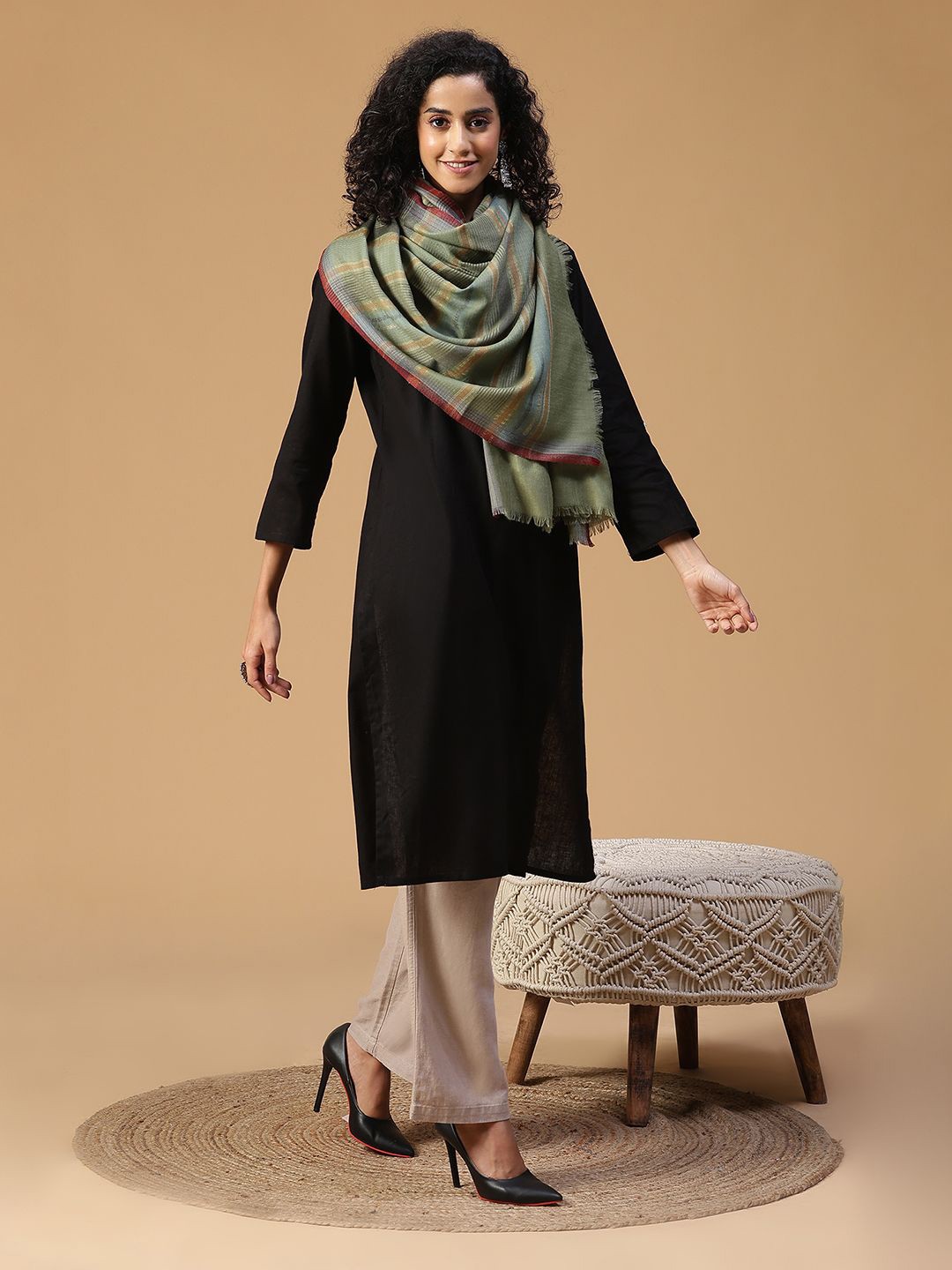 

SHINGORA Women Woven Design Striped Stole, Green