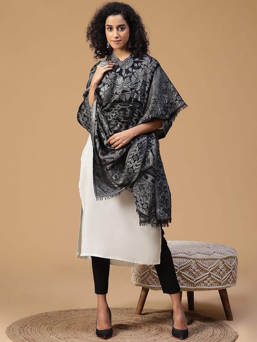 

SHINGORA Women Ethnic Motifs Woven Design Shawl, Black