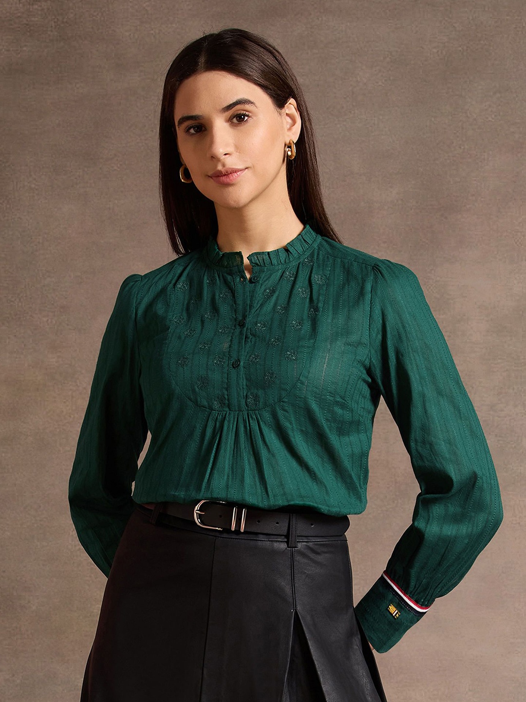 

U.S. Polo Assn. Women Embroidered Floral Print Mandarin Collar Pure Cotton Top, Green