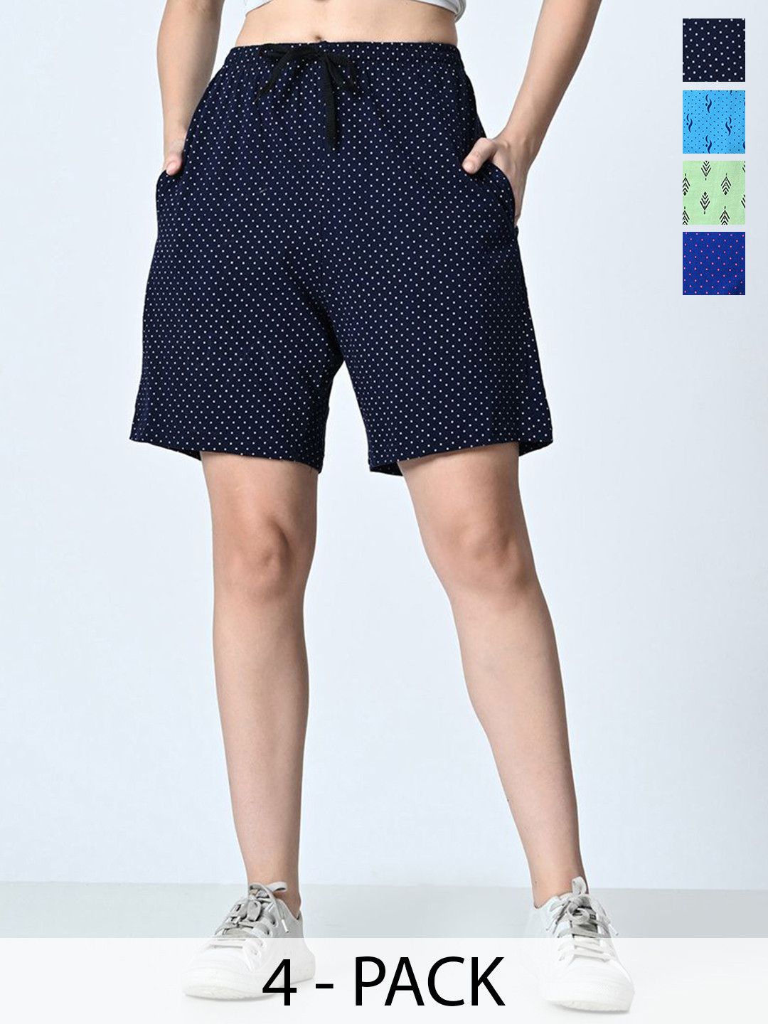 

BAESD Women Pack of 4 Printed Pure Cotton High-Rise Regular fit Shorts, Navy blue