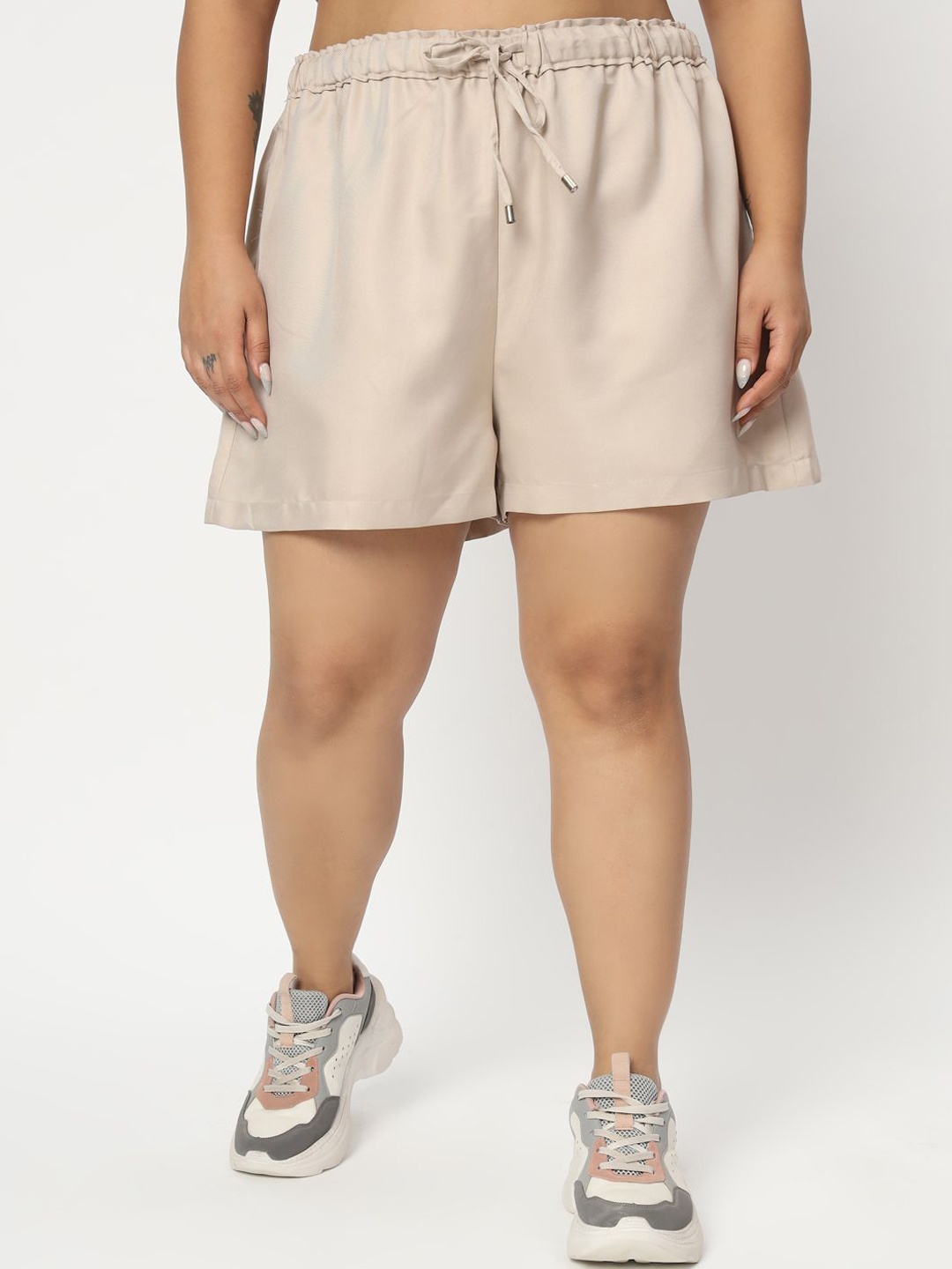 

HERE&NOW Women Solid Plus Size Basic Shorts, Beige