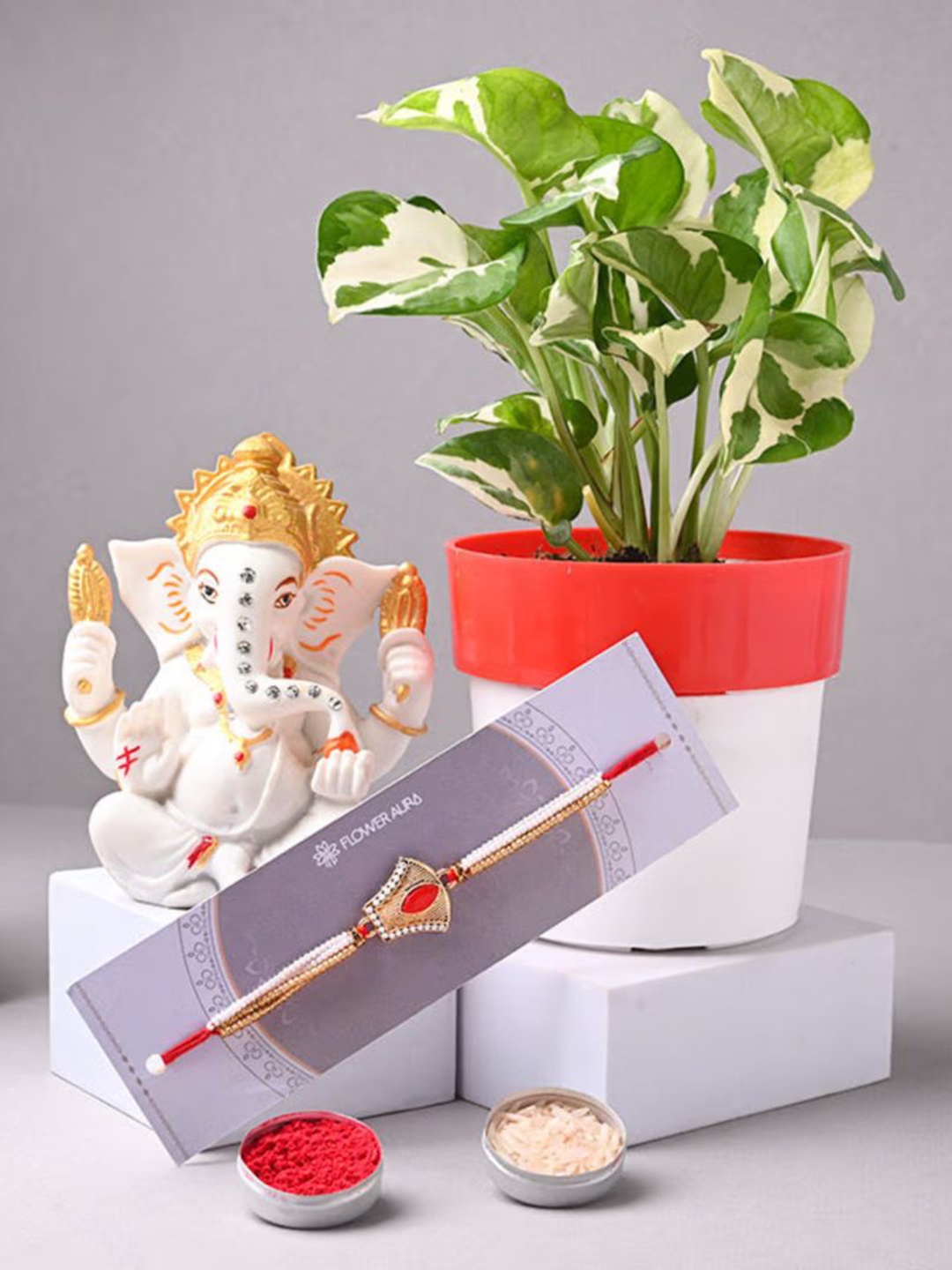 

Floweraura Red Stone Rakhi With Pothos Plant In Pot & Ganesha Idol Showpiece, Multi