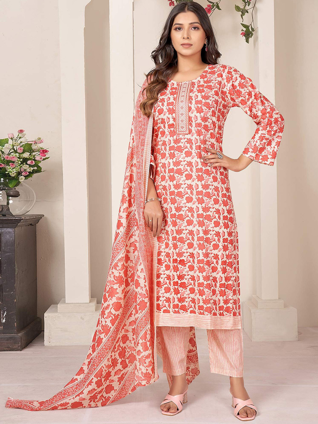 

Peachmode Floral Printed Sequinned Pure Cotton Straight Kurta With Trousers & Dupatta, Peach