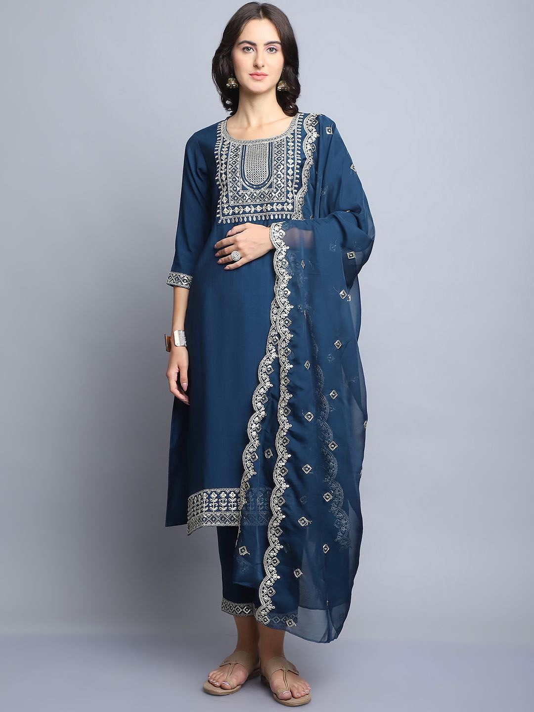

KALINI Ethnic Motifs Yoke Design Pure Silk Straight Kurta with Trousers & Dupatta, Navy blue