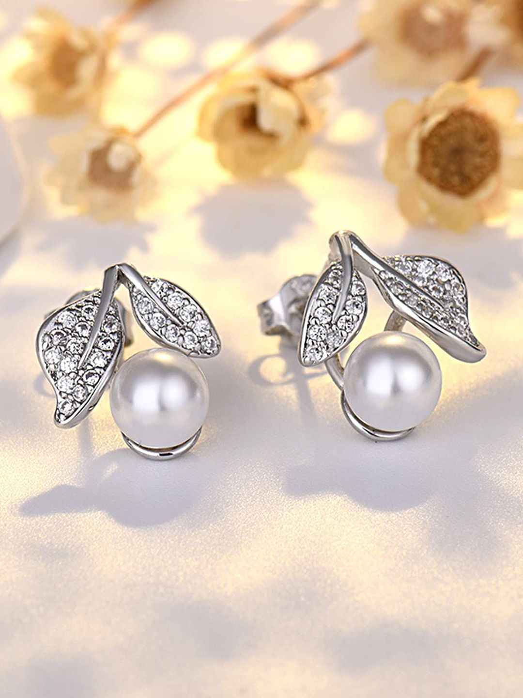 

KRENOZ Silver Plated Pearls & Stones Studded Contemporary Studs