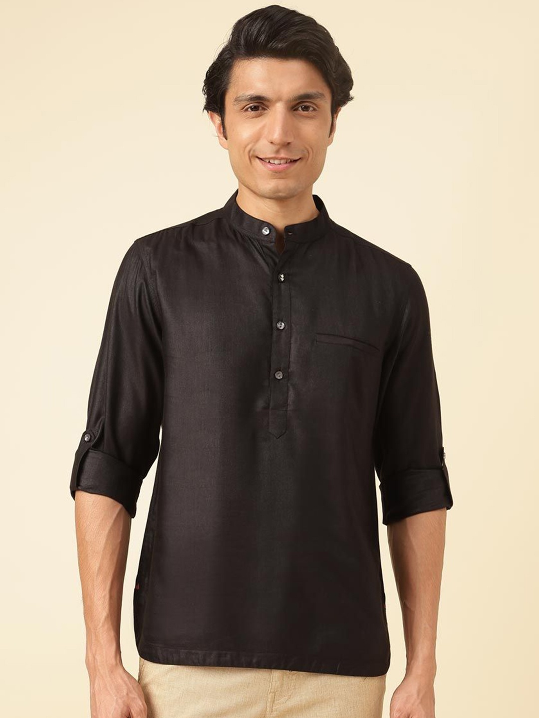 

Fabindia Men Solid Slim Fit Band Collar Casual Shirt, Black