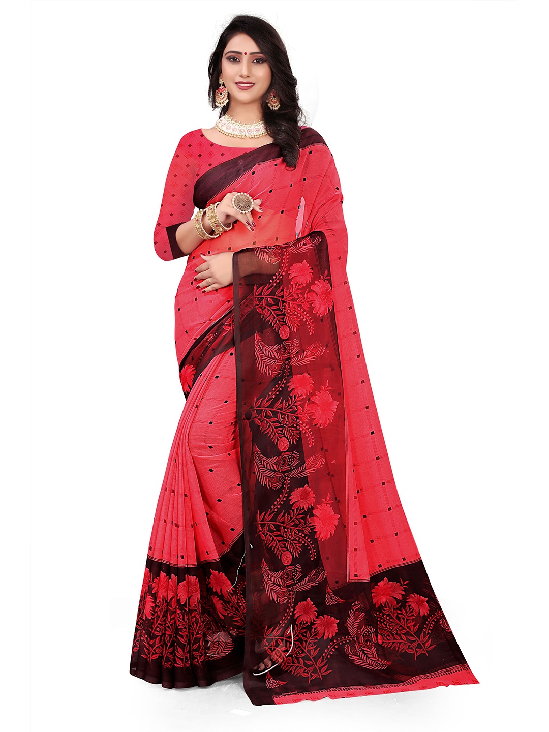 

RUNAYA NX Floral Pure Georgette Saree, Red