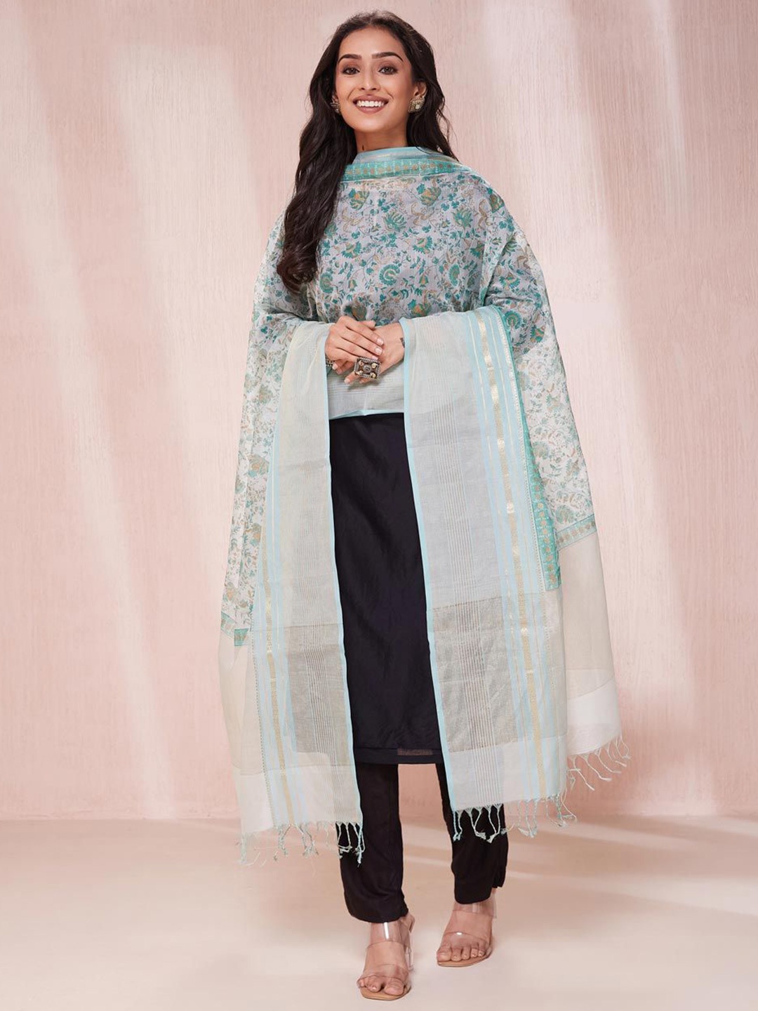 

Fabindia Floral Printed Cotton Silk Dupatta, Blue