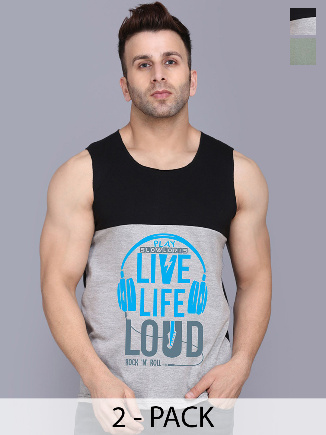 

SLOWLORIS Pack Of 2 Printed Gym Vests SL26 COMBO (LOUD BLKGRY) (NVR LGTGREEN), Black