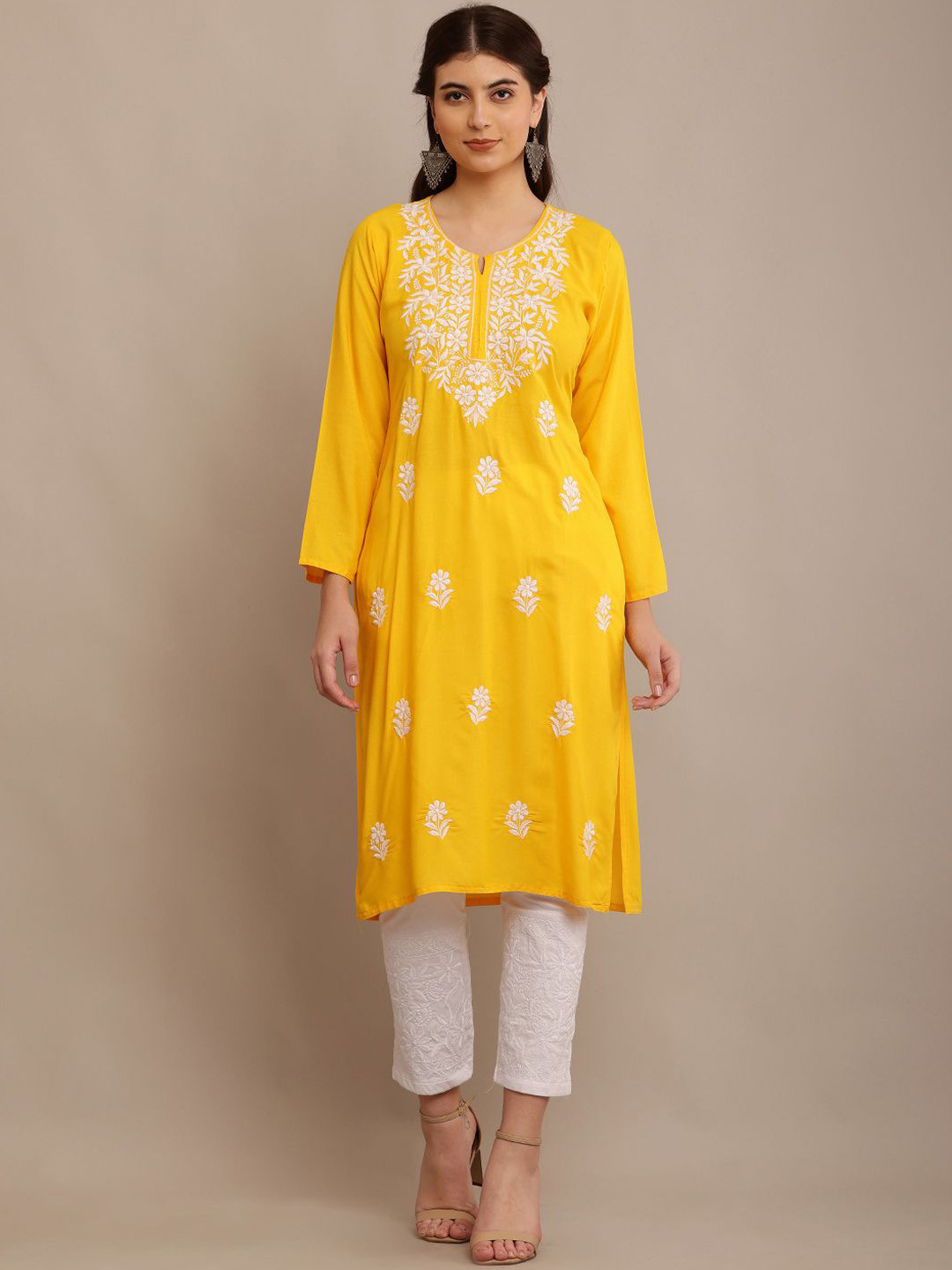 

FAWOMENT Ethnic Motifs Embroidered Thread Work Shadow Work Kurta, Yellow