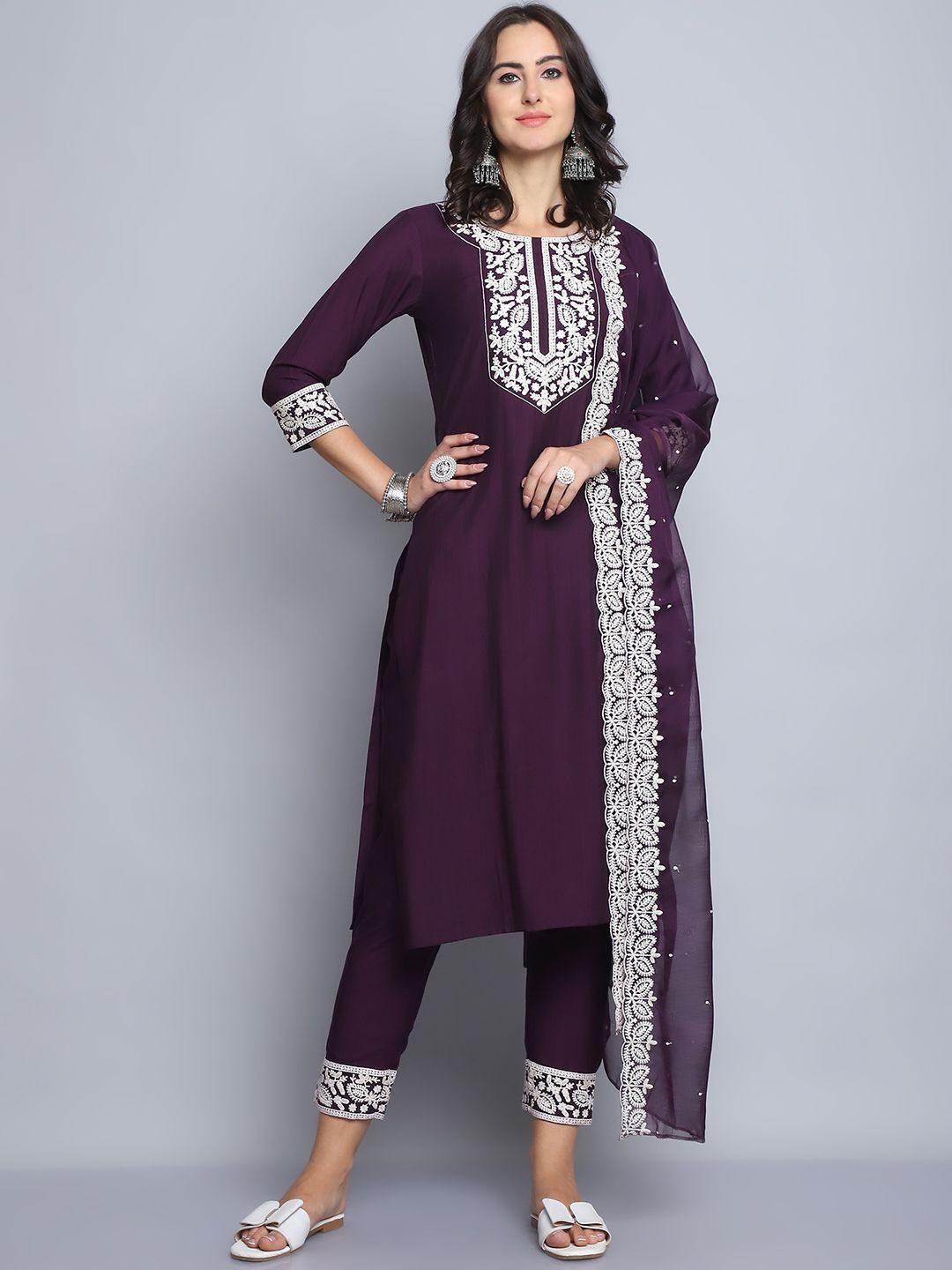 

KALINI Ethnic Motifs Yoke Design Pure Silk Straight Kurta with Trousers & Dupatta, Maroon