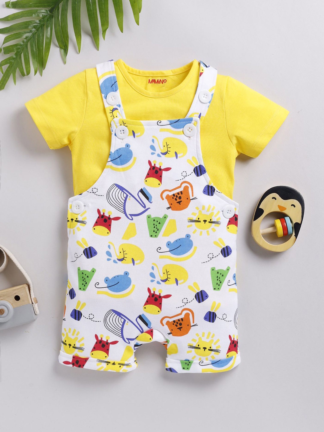 

MIMINO Infant Girls Printed Pure Cotton Dungaree With T-Shirt, Yellow