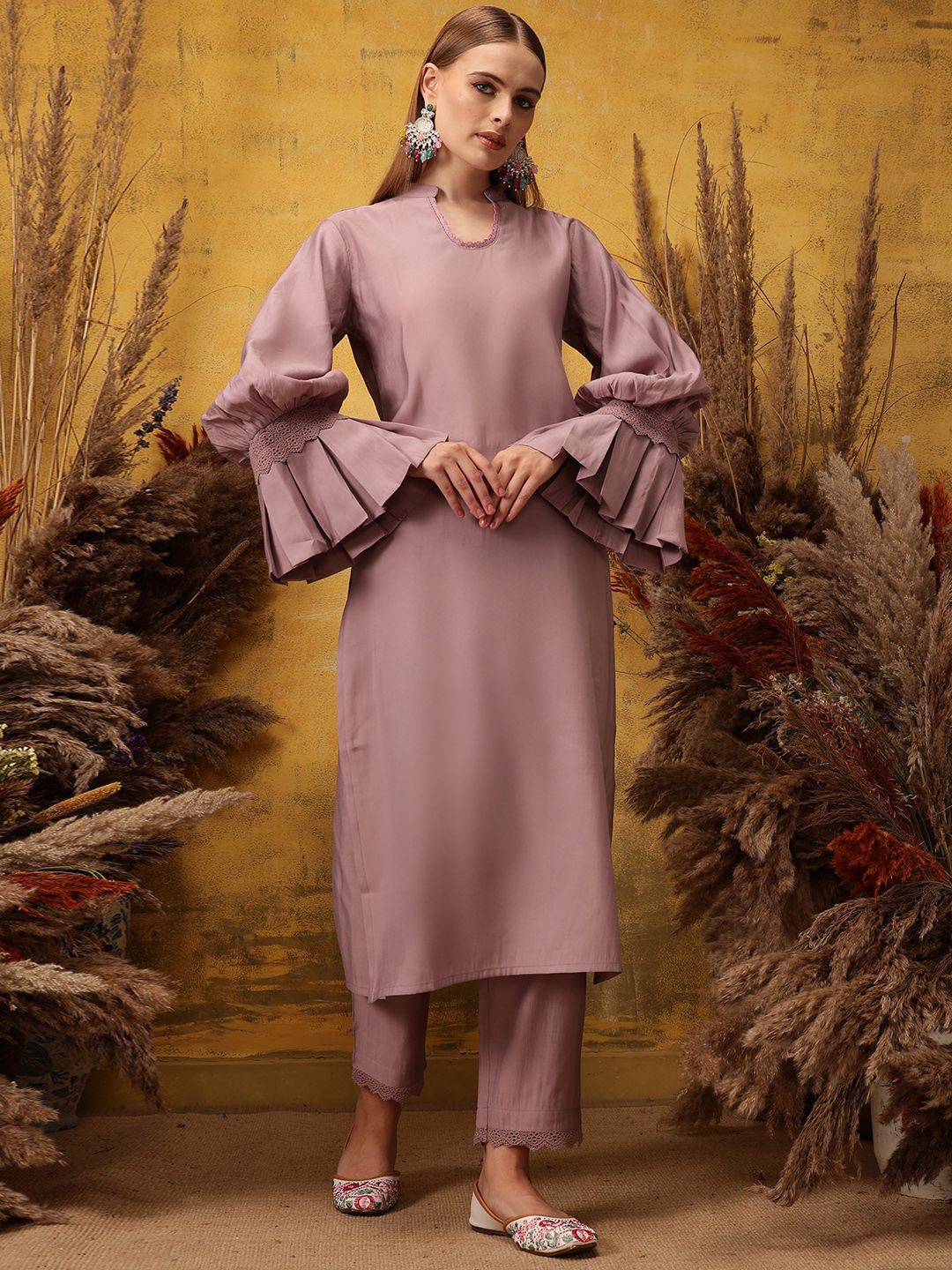 

indo street Mandarin Collar Kurta with Palazzos, Lavender