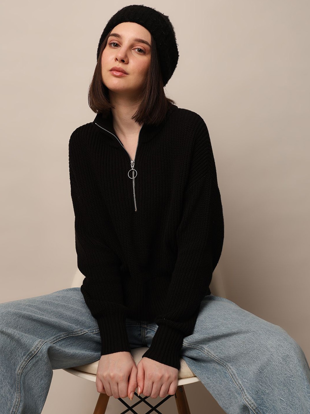 

ONLY Women Striped Pullover with Zip Detail Detail, Black