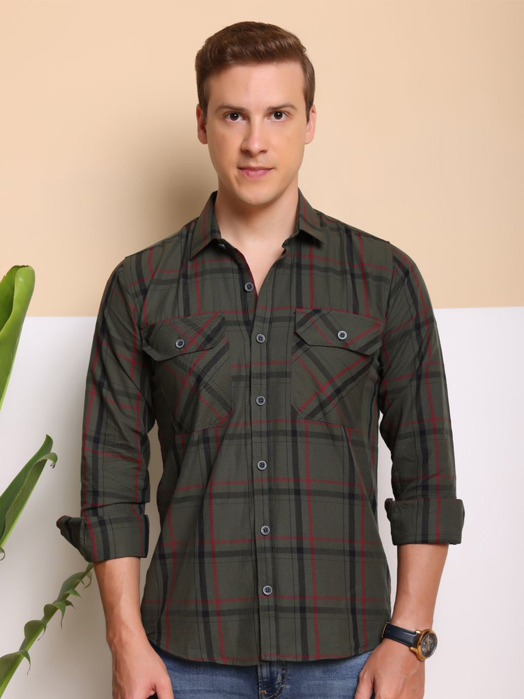 

FILO HEVIS Spread Collar Double Pocket Cotton Check Shirt, Green