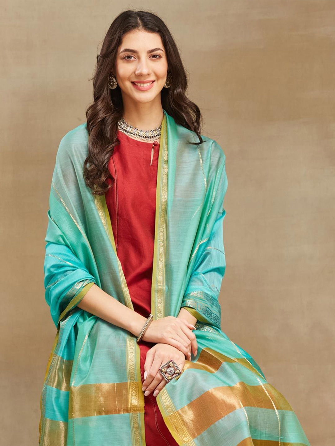 

Fabindia Striped Woven Design Cotton Silk Maheshwari Dupatta, Turquoise blue
