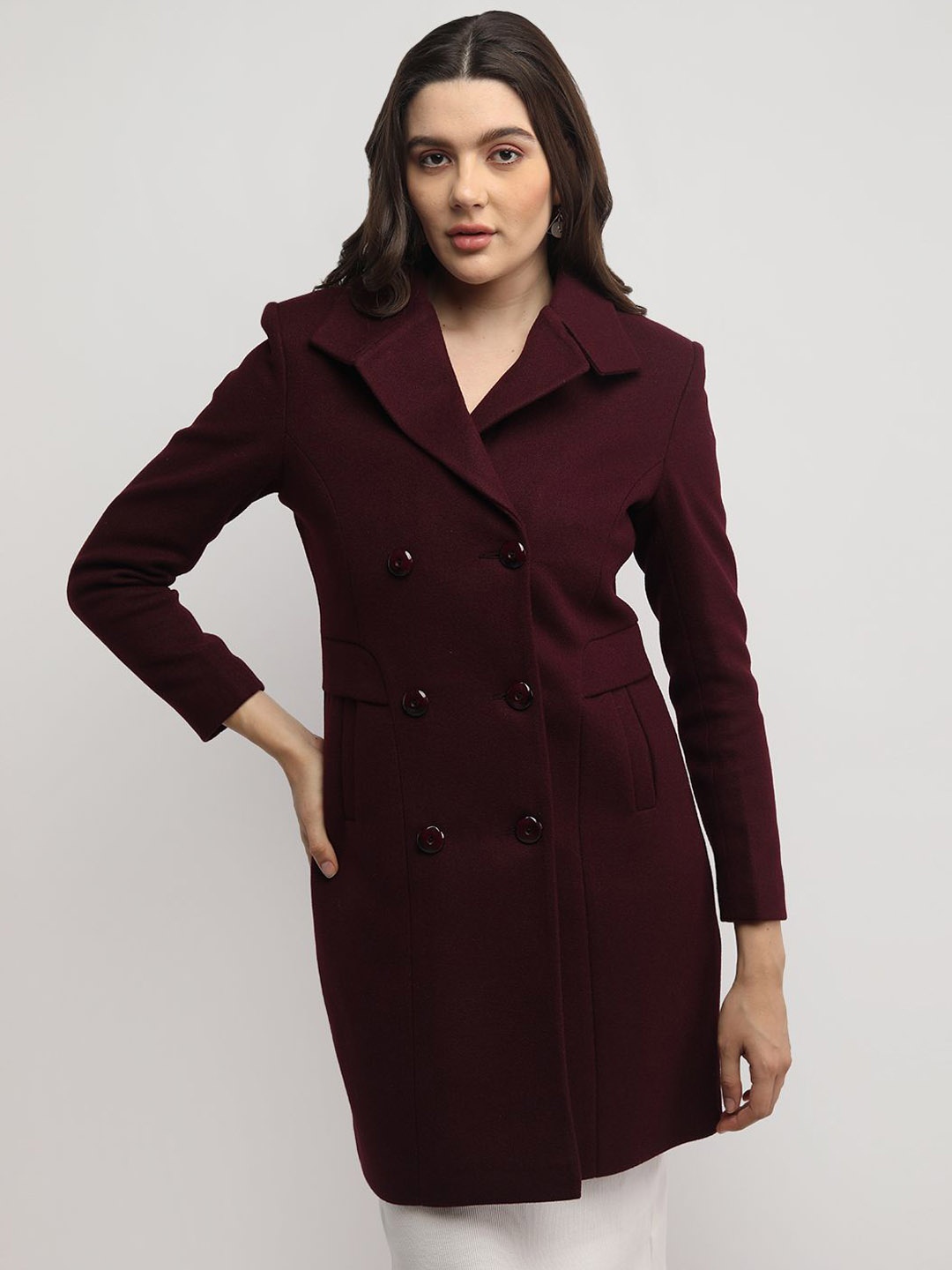 

PROTEX Women Solid Double Breasted Pea Coats, Maroon