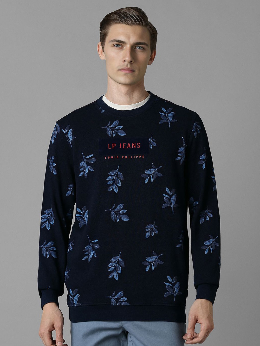 

Louis Philippe Jeans Men Floral Printed Cotton Sweatshirt, Navy blue