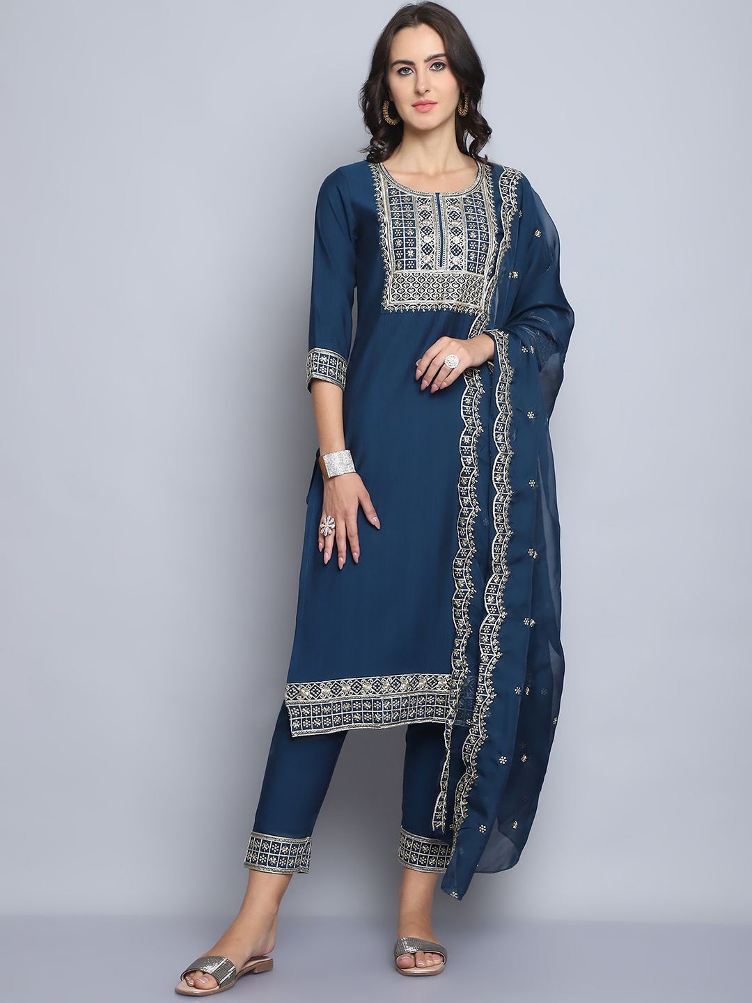 

KALINI Ethnic Motifs Yoke Design Pure Silk Straight Kurta with Trousers & Dupatta, Navy blue