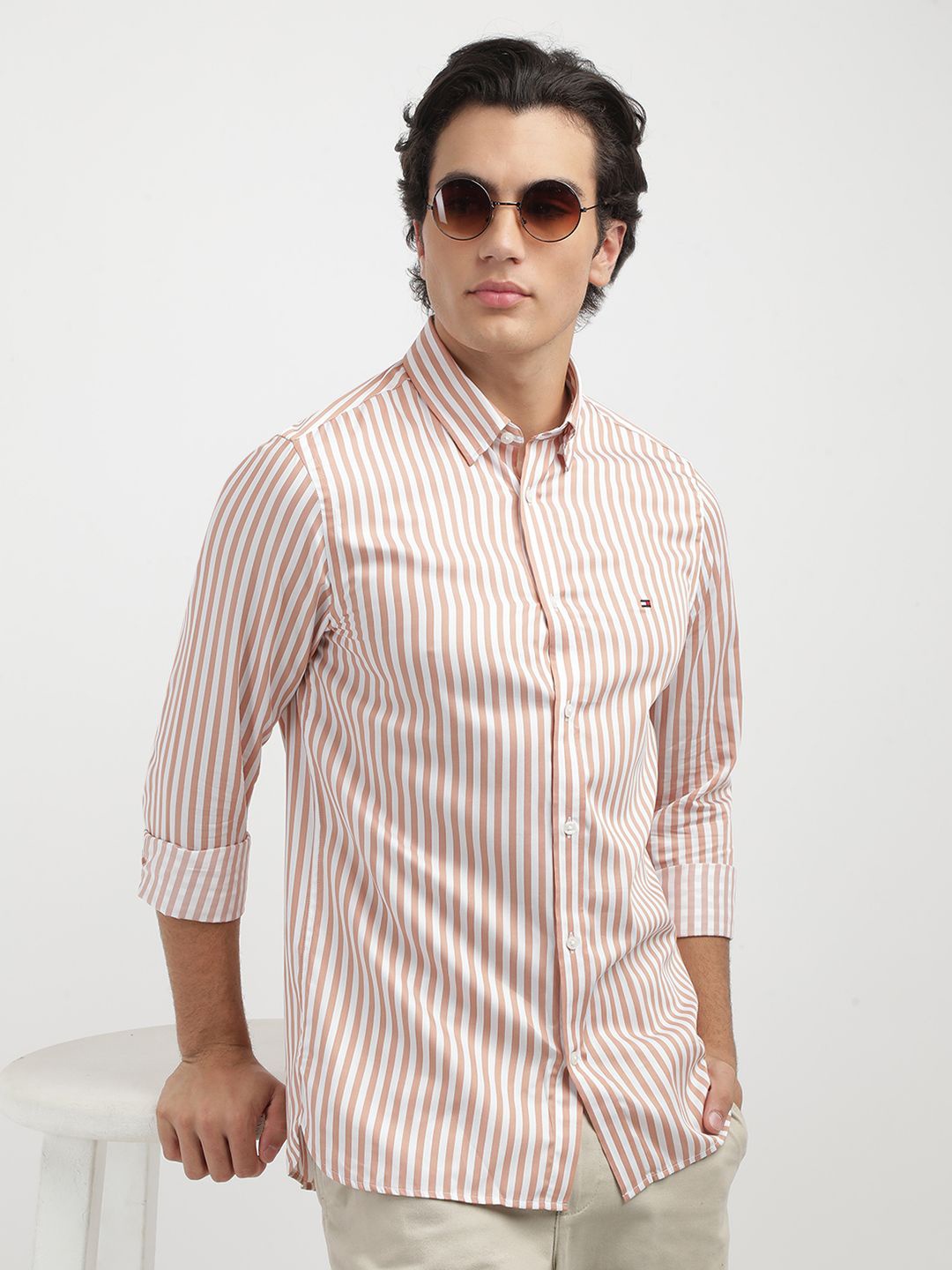 

Tommy Hilfiger Men Slim Fit Vertical Striped Casual Shirt, Beige