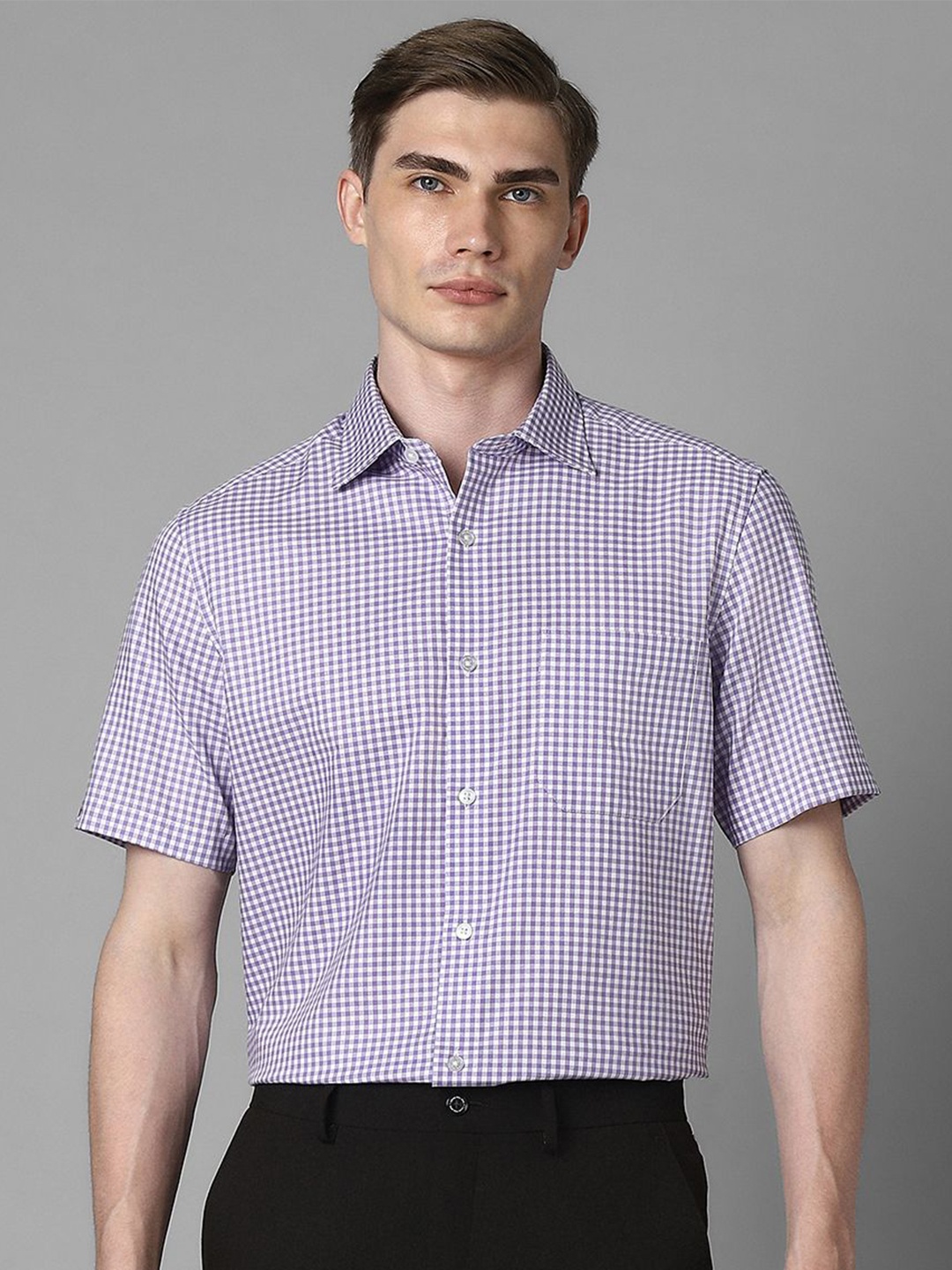 

Louis Philippe Men Classic Spread Collar Micro Checked Cotton Formal Shirt, Purple