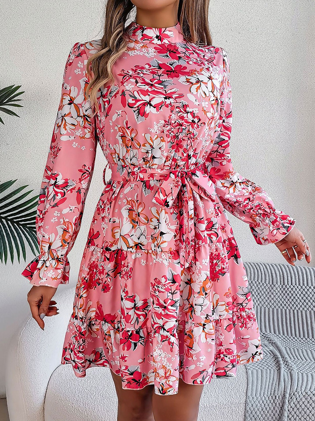 

StyleCast x Revolte Women Floral Printed Mock Neck Puff Sleeve Fit & Flare Dress, Pink