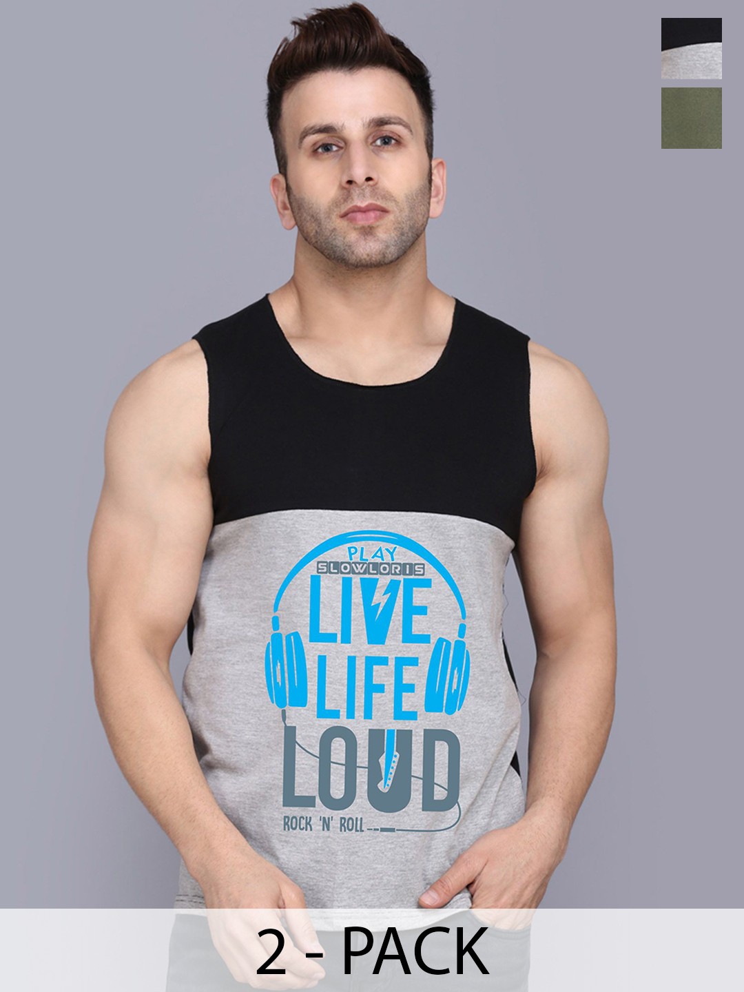 

SLOWLORIS Pack Of 2 Printed Innerwear Vests SL26 COMBO (LOUD BLKGRY) (NVR OLIVE), Black