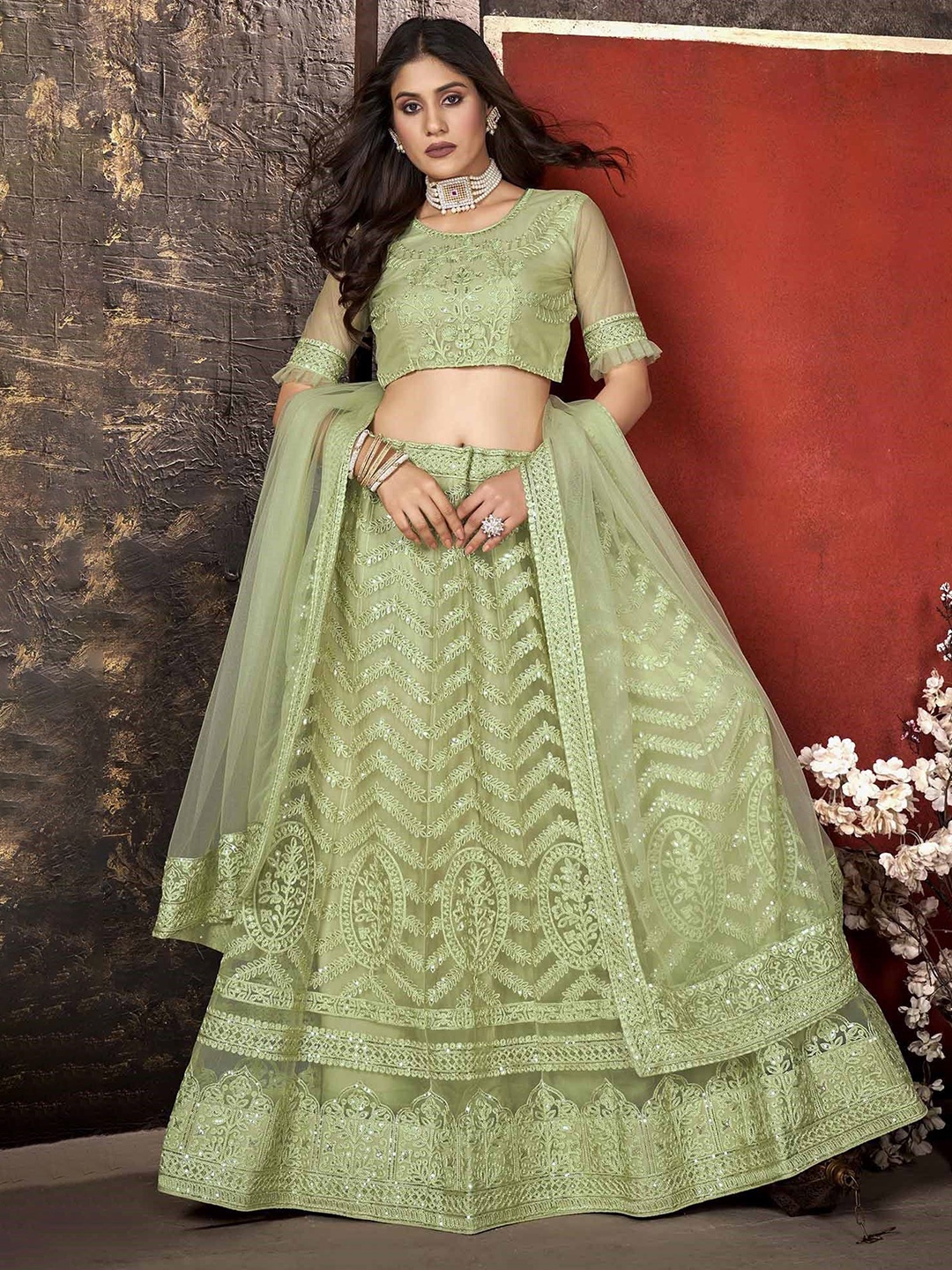 

Cute fellow Embroidered Semi-Stitched Lehenga & Unstitched Blouse With Dupatta, Green