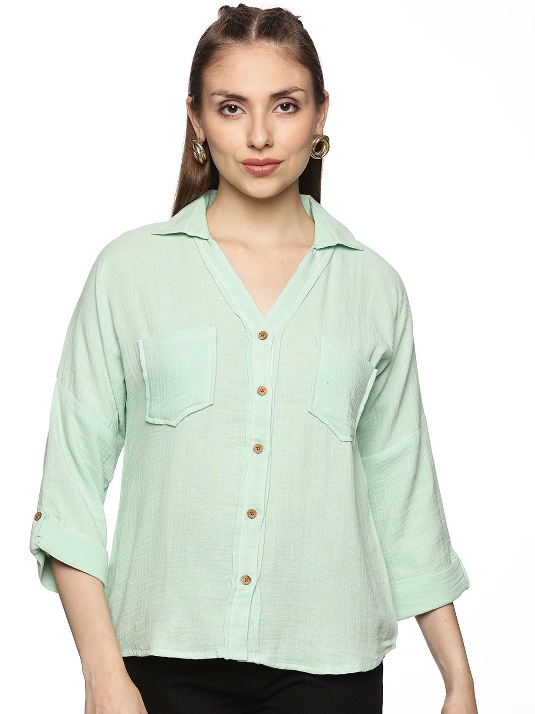 

Indyvarna Women Spread Collar Solid Cotton Semiformal Shirt, Green