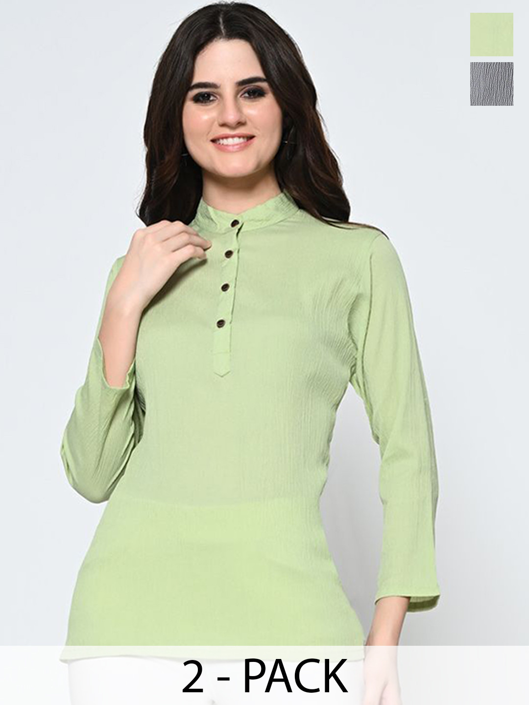 

BAESD Pack Of 2 Self Design Mandarin Collar Crepe Tops, Sea green