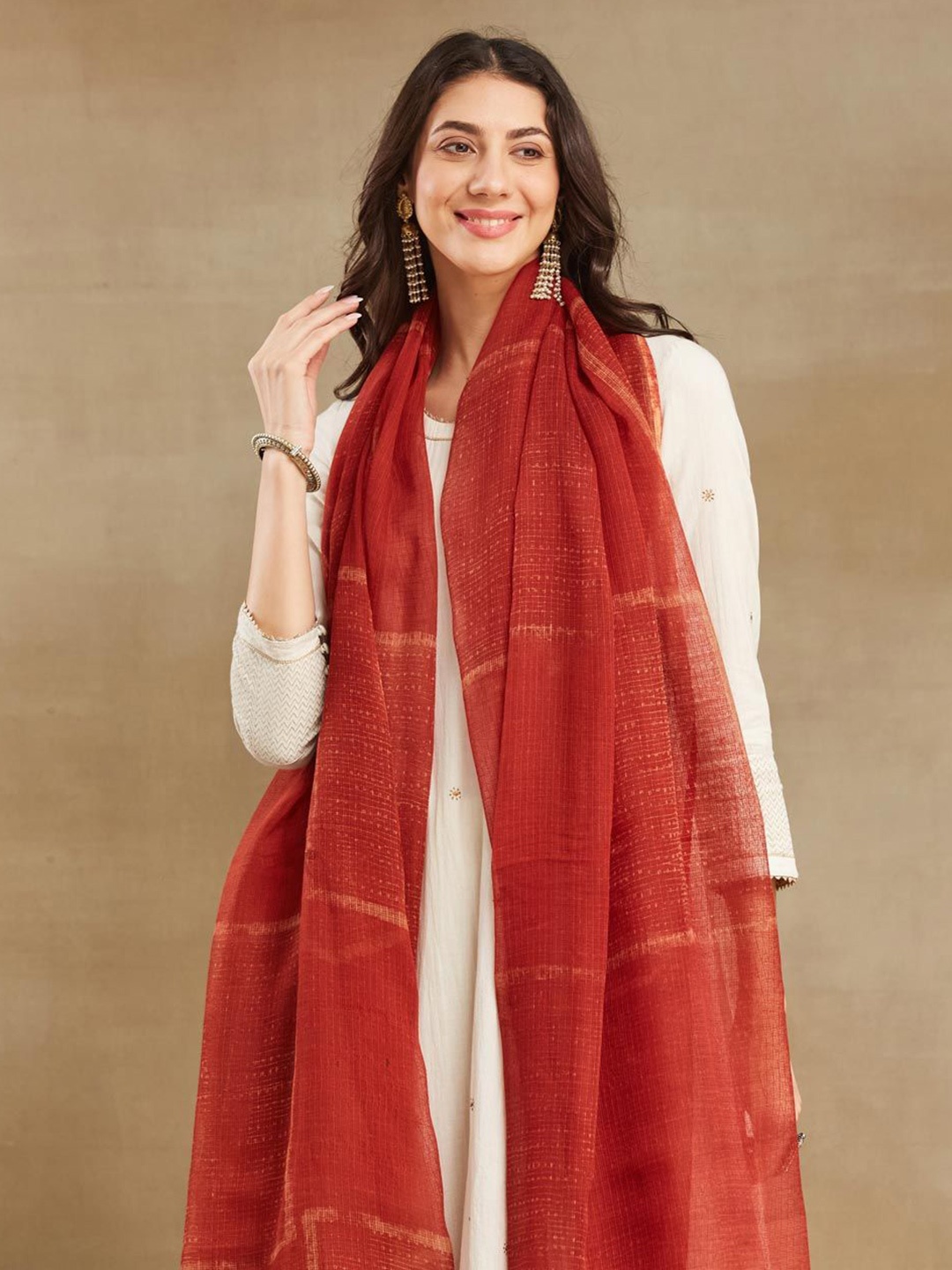 

Fabindia Printed Cotton Silk Dupatta, Red