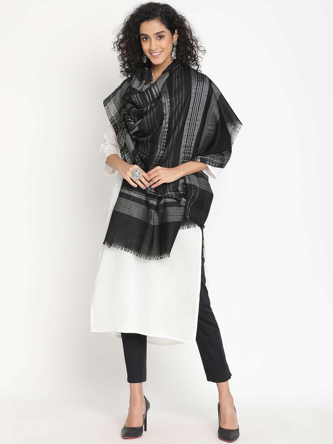 

SHINGORA Women Striped Woven Design Shawl, Black