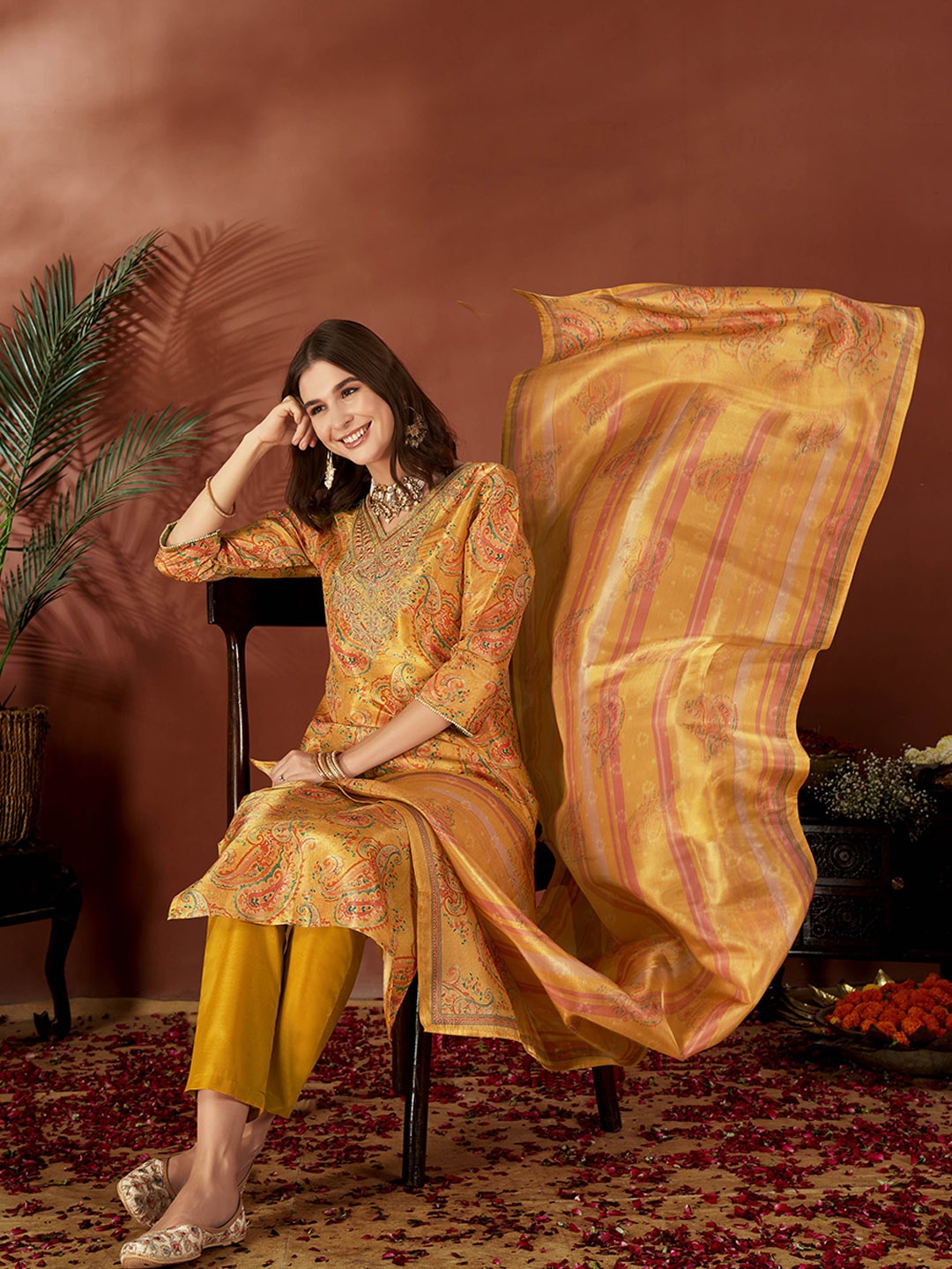 

Anouk Ethnic Motifs Prined Regular Thread Work Straight Kurta With Trousers & Dupatta, Mustard