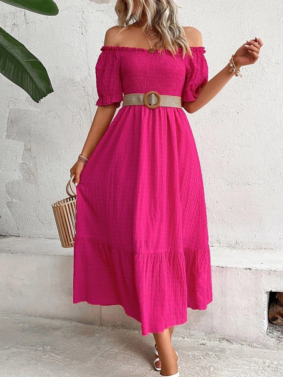 

StyleCast x Revolte Off-Shoulder Fit & Flare Midi Tiered Dress, Pink