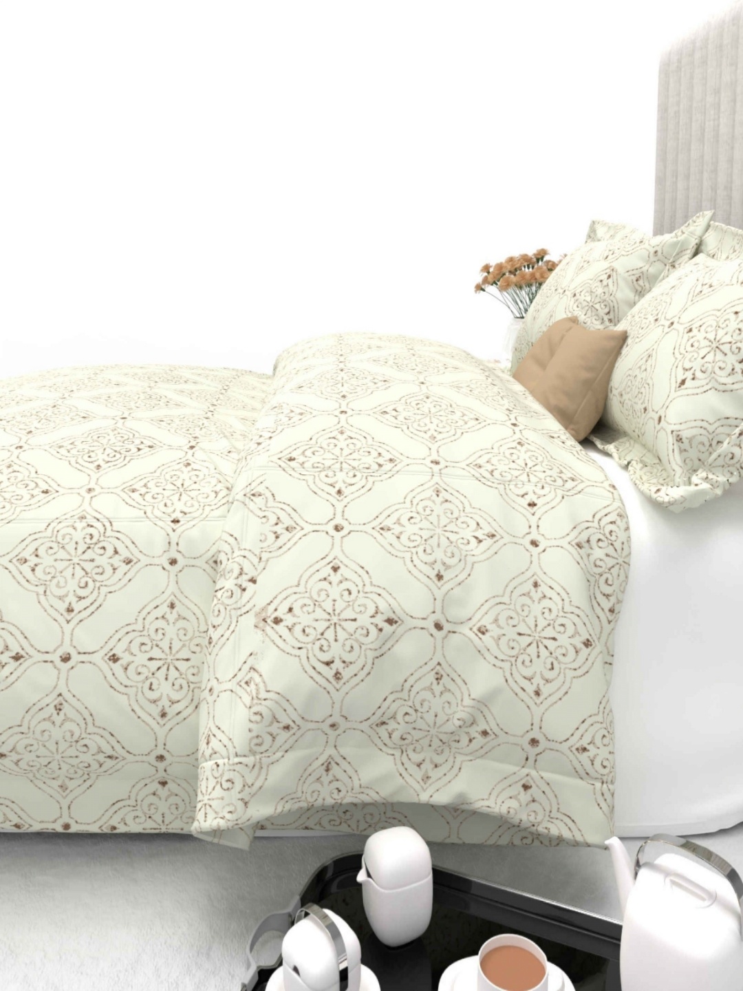 

THE WHITE MOSS Coffee Brown Ethnic Motifs 600 TC King Bedsheet with 2 Pillow Covers
