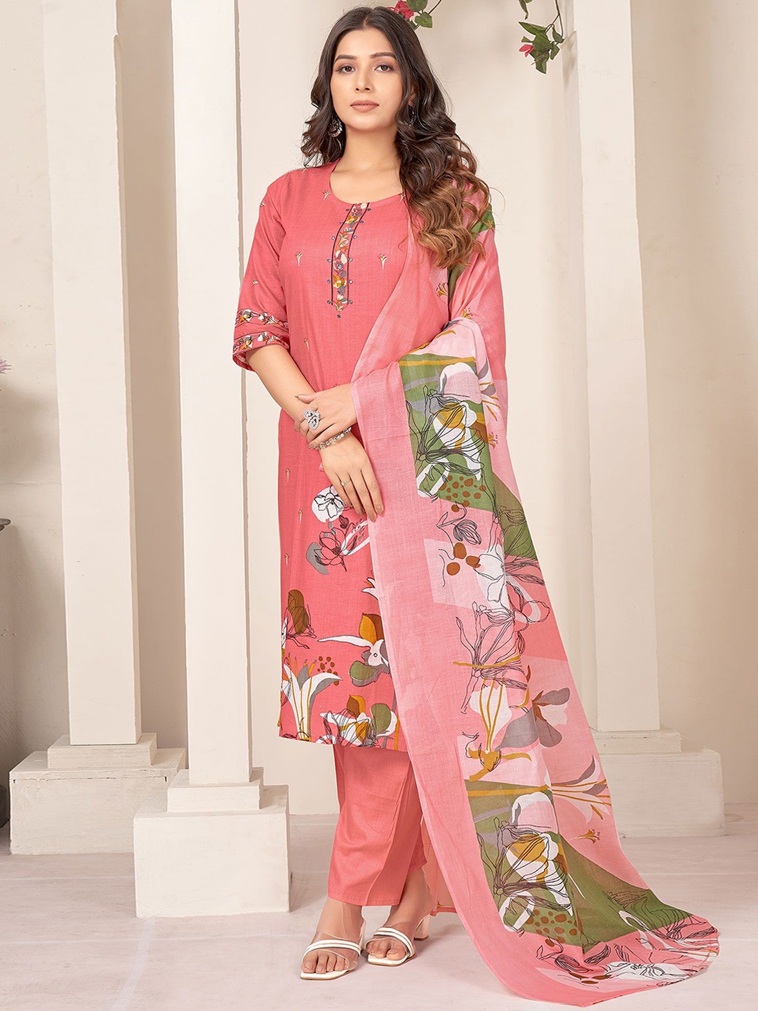 

Peachmode Floral Printed Mirror Work Pure Cotton Straight Kurta With Trousers & Dupatta, Peach