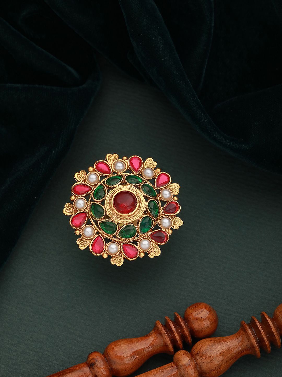 

Anouk Green Wedding Collection Gold-Plated Stone Studded & Pearls Beaded Finger Ring