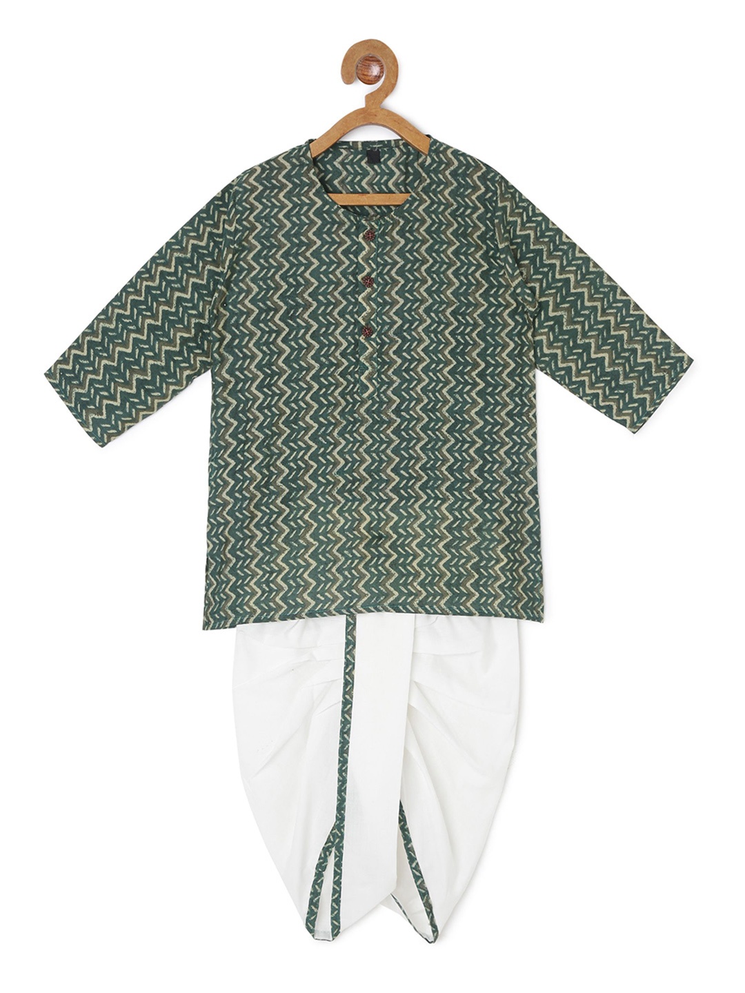 

CHAYIM Kids Chevron Printed V-Neck Straight Kurta With Dhoti Pants, Green