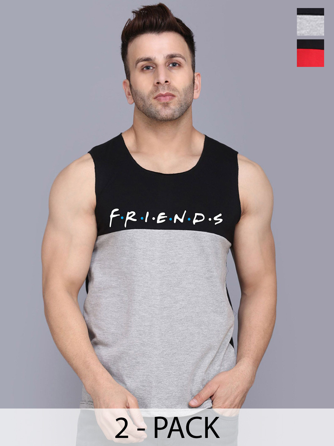 

SLOWLORIS Pack Of 2 Men Printed Gym Vests SL26 COMBO (LOUD BLKRED) (FRD BLKGRY), Black
