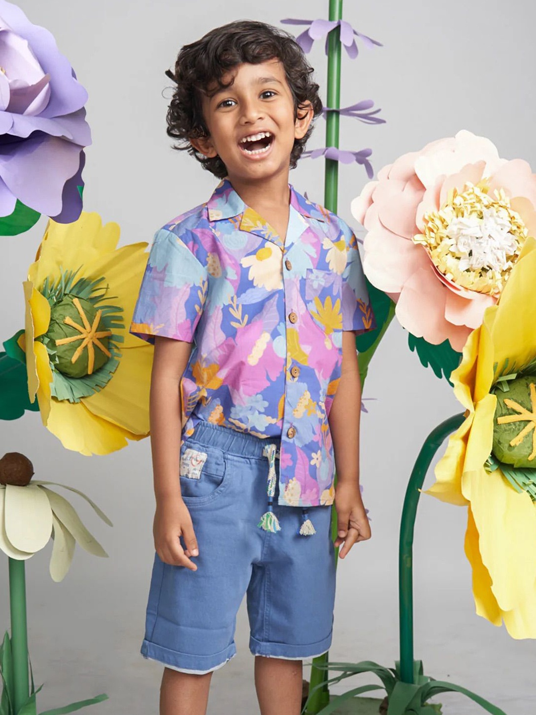 

Miko Lolo Boys Classic Floral Printed Cuban Collar Casual Shirt, Purple