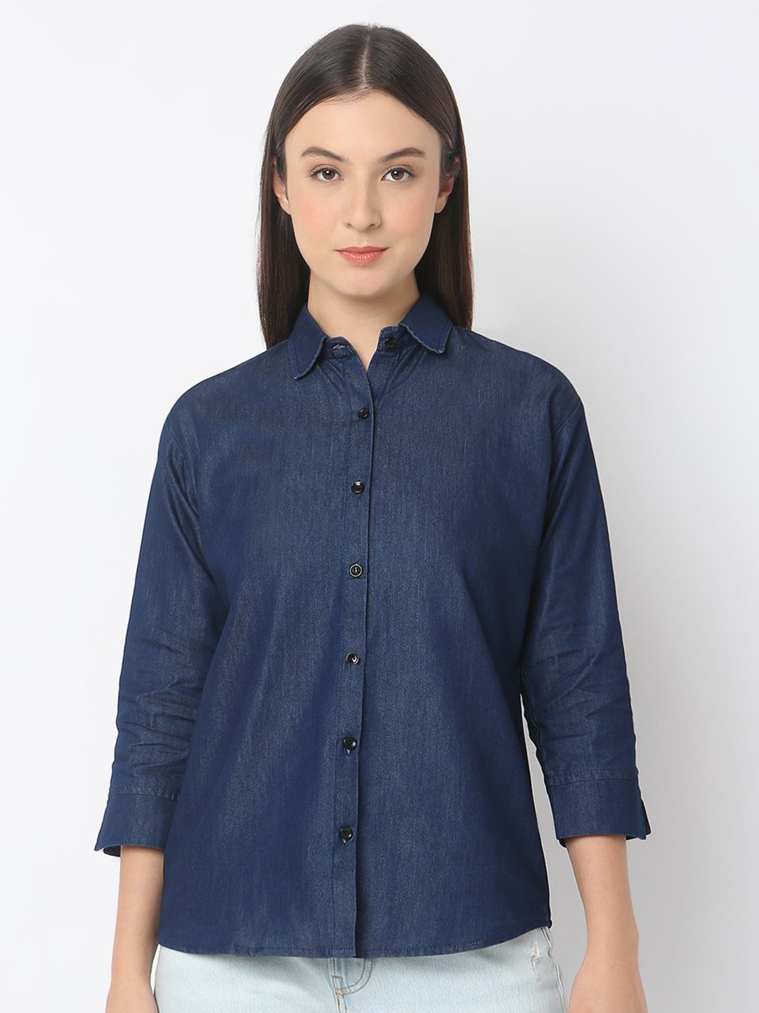 

Smarty Pants Women Comfort Spread Collar Solid Denim Casual Shirt, Navy blue