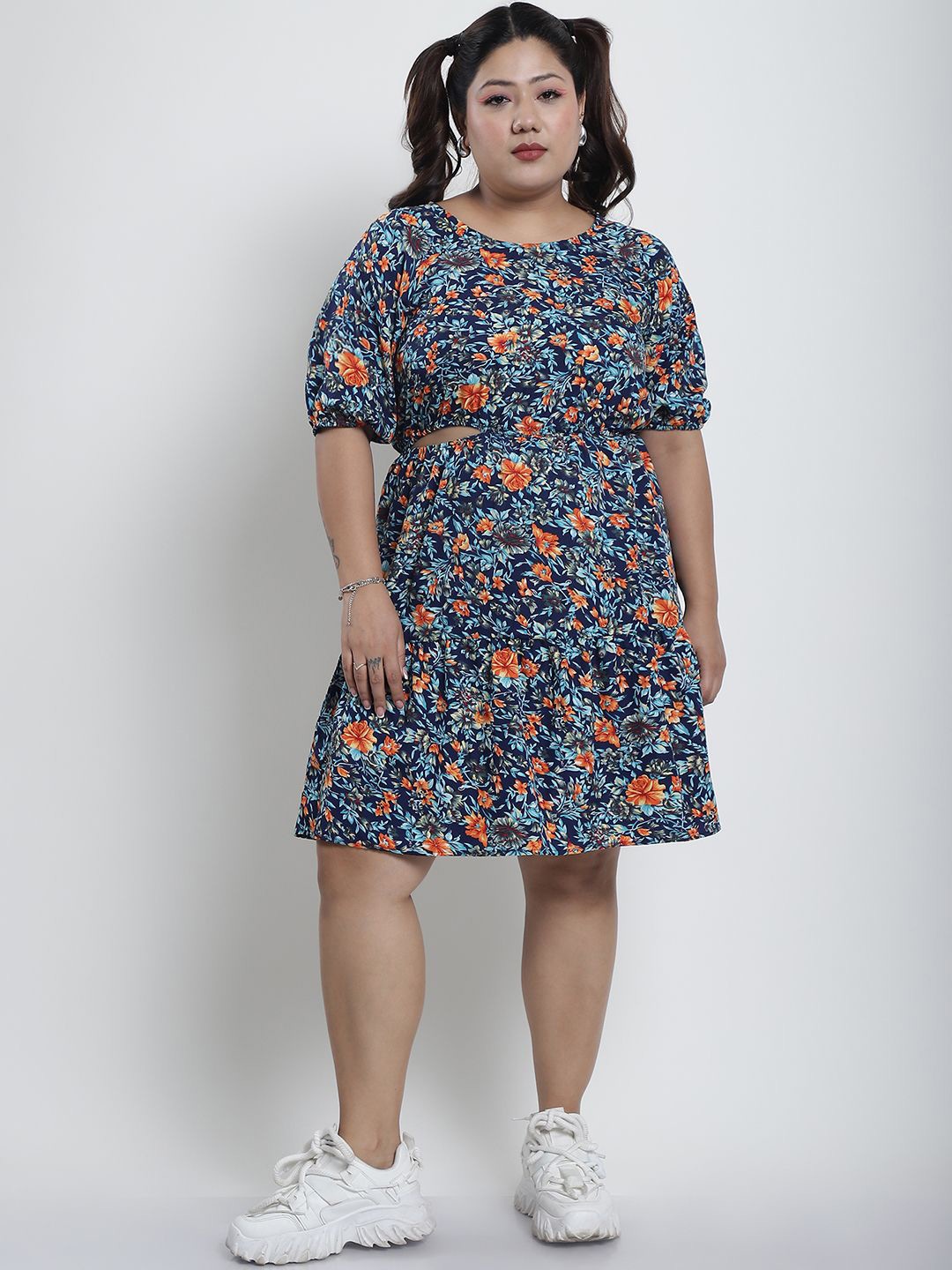 

thkgrlz Floral Print Puff Sleeve Fit & Flare Plus Size Dress, Navy blue