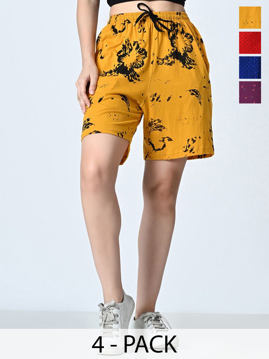 

BAESD Pack Of 4 Women Printed High-Rise Pure Cotton Shorts, Yellow