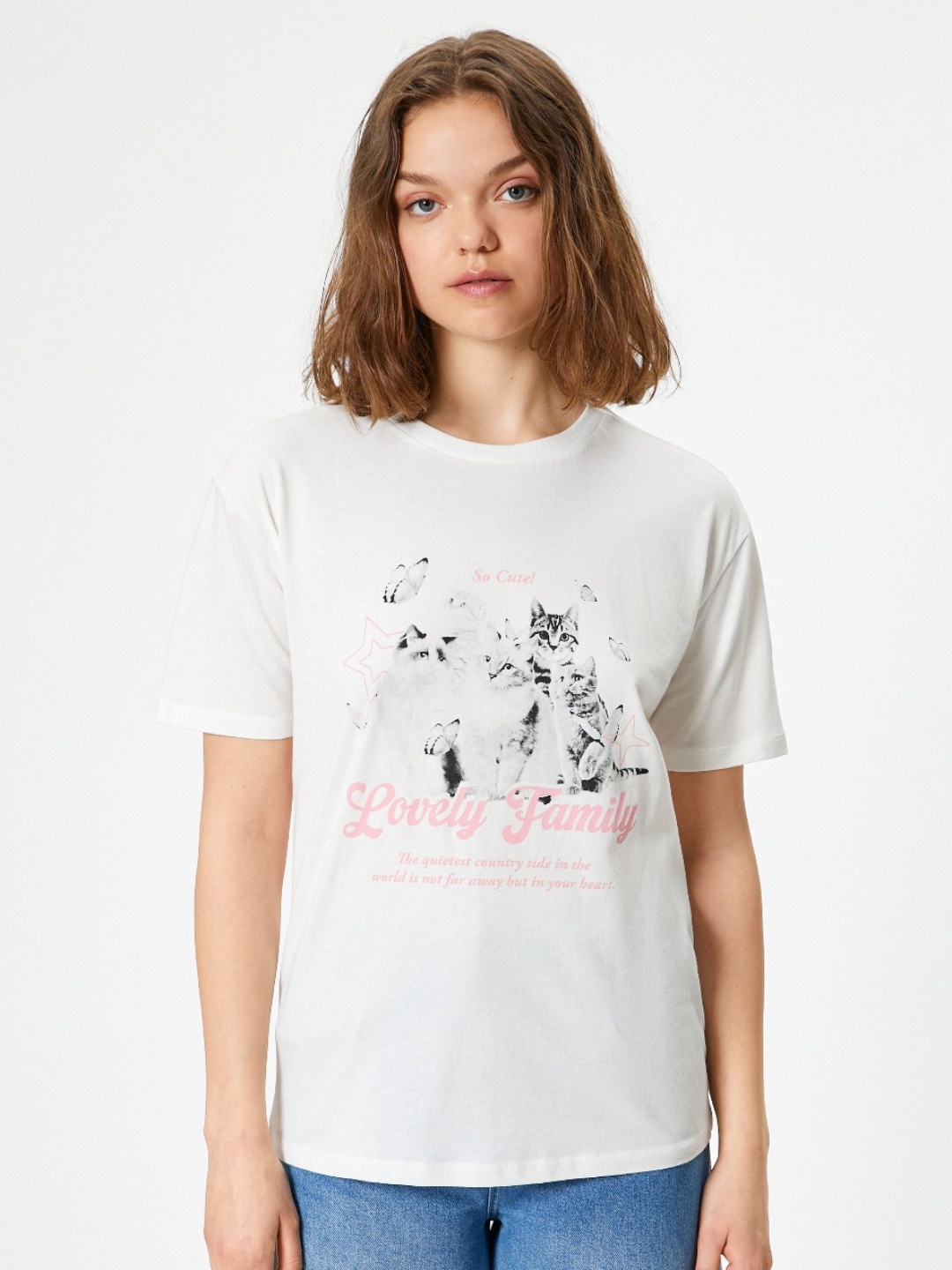 

Koton Women Typography Printed Round Neck Cotton Oversized T-Shirt, Beige