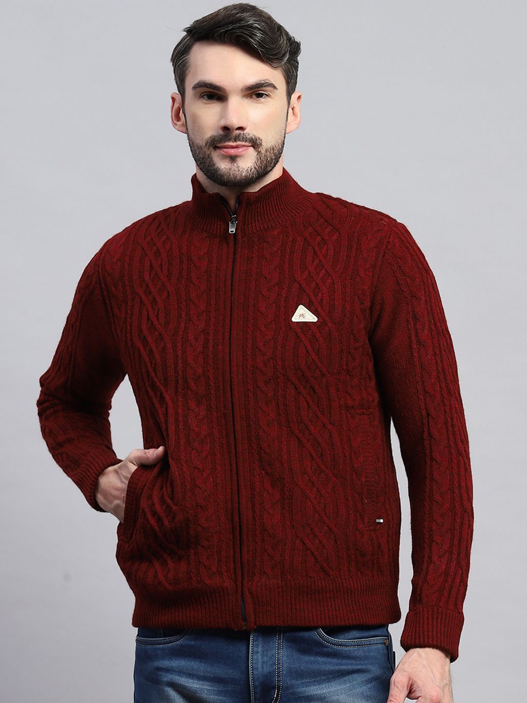 

Monte Carlo Men Cable Knit Woollen Cardigan, Maroon