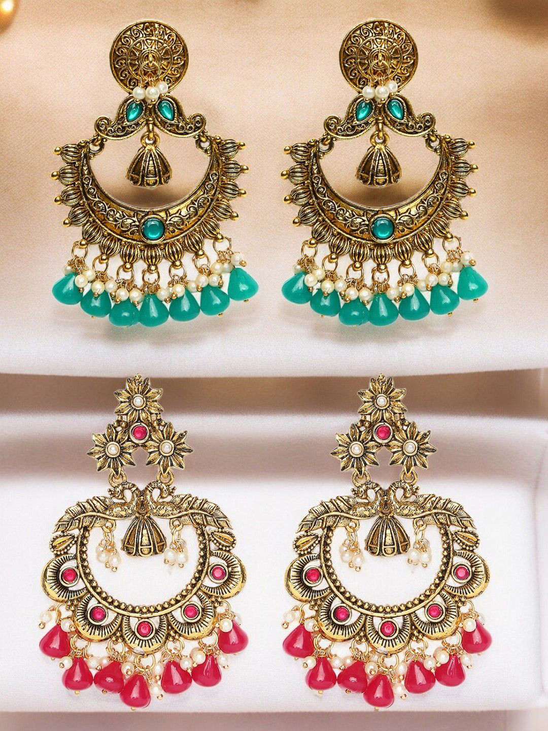 

Anouk Set Of 2 Gold-Toned Kundan Studded & Beaded Crescent Shaped Chandbalis
