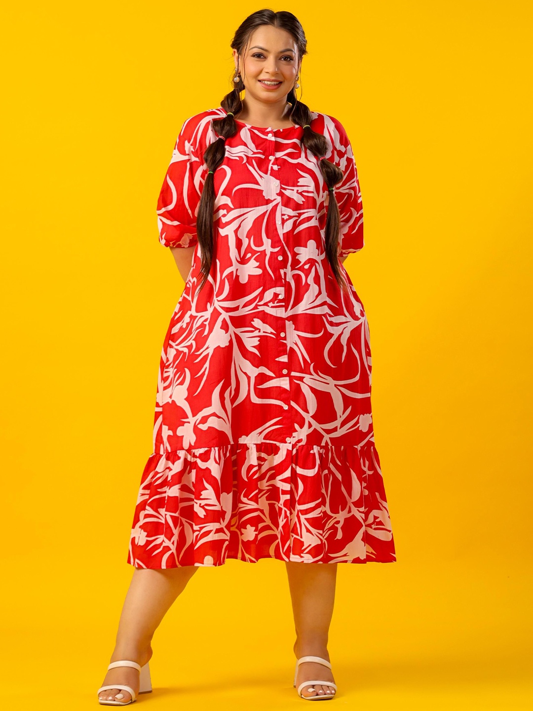 

LALI JAIPUR Plus Size Floral Printed Puff Sleeves A-Line Midi Dress, Red