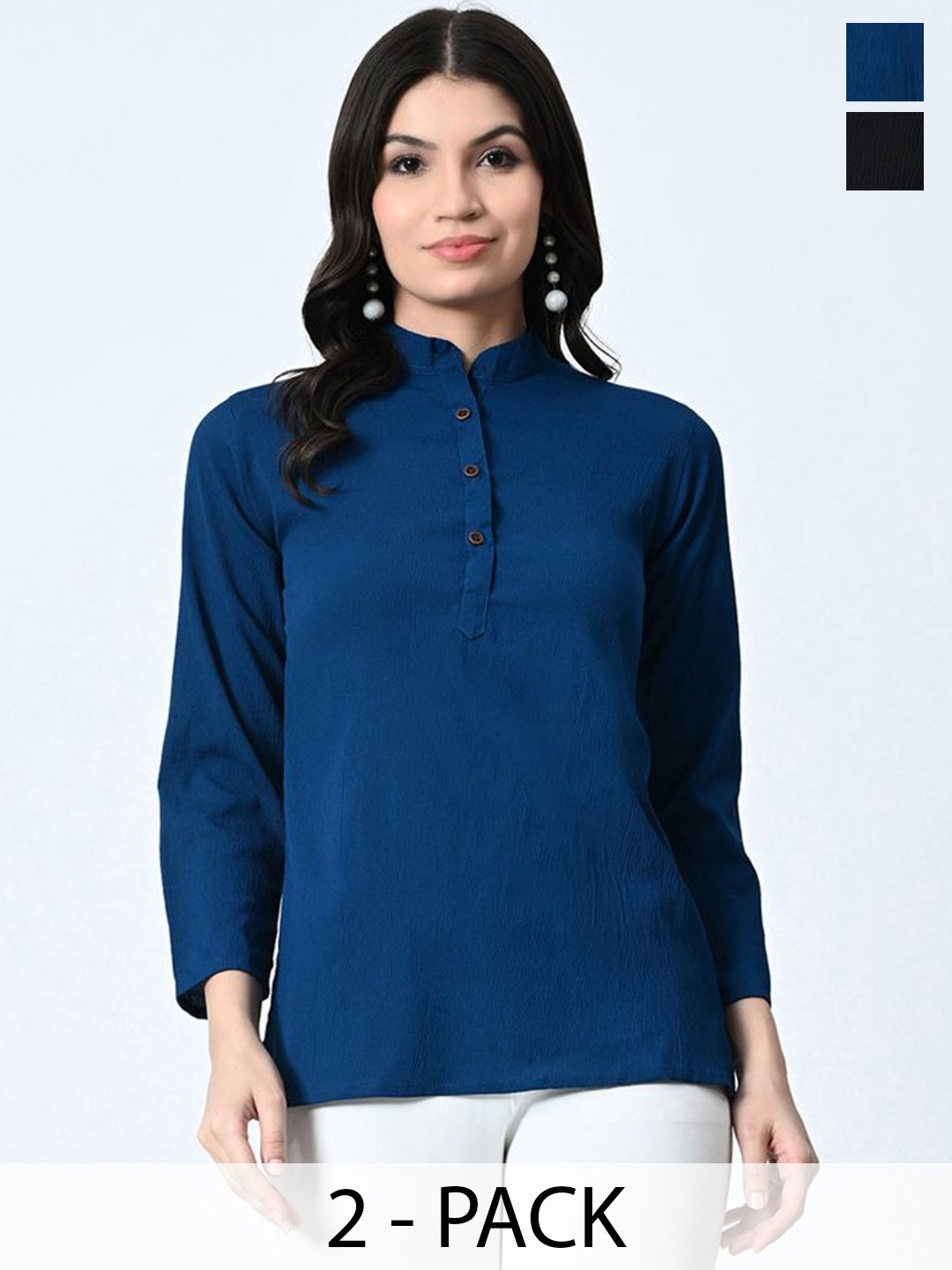 

BAESD Pack Of 2 Band Collar Crepe Tops, Blue