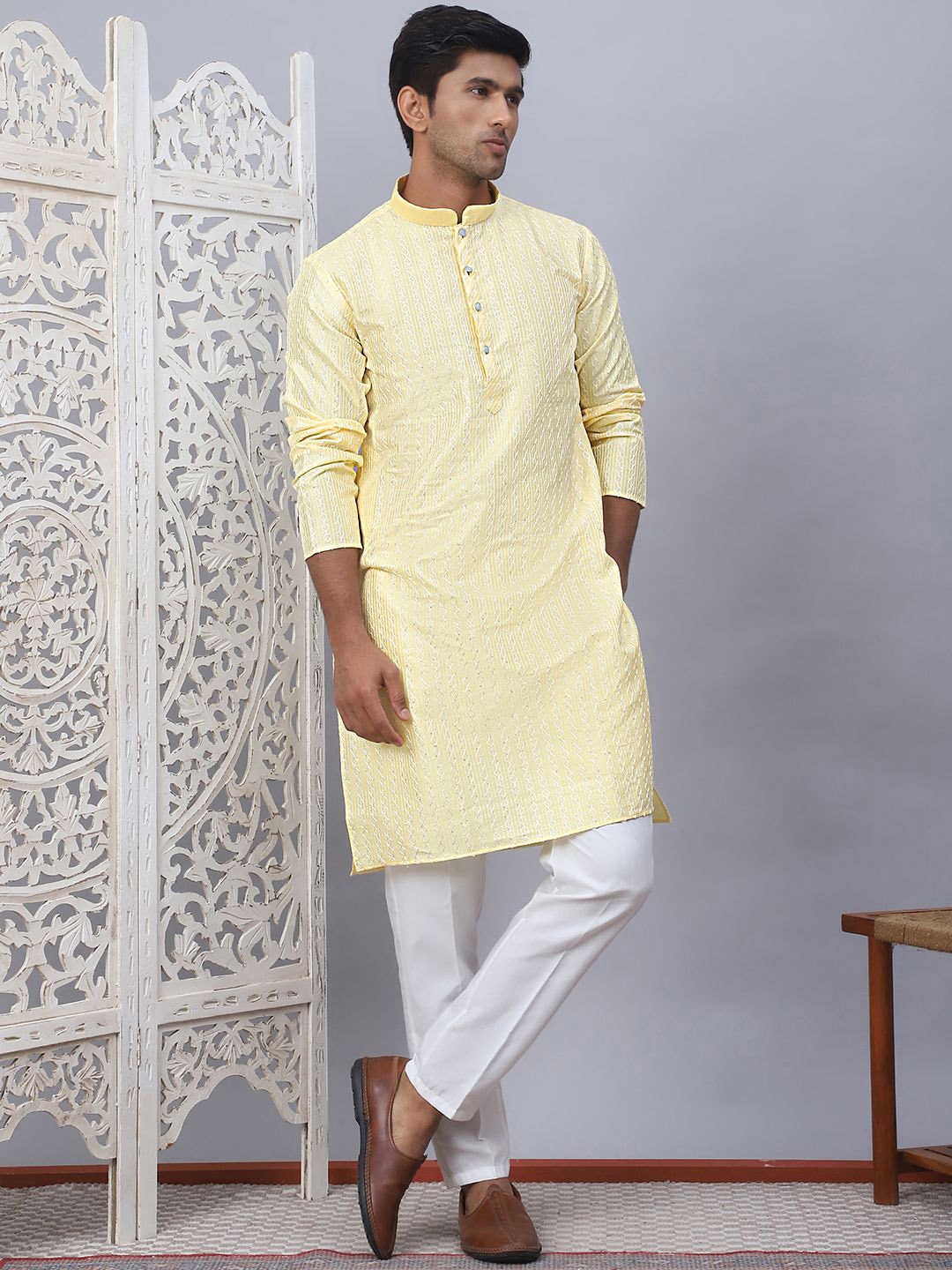 

Anouk Yellow Geometric Embroidered Sequinned Silk Cotton Straight Kurta with Pyjamas