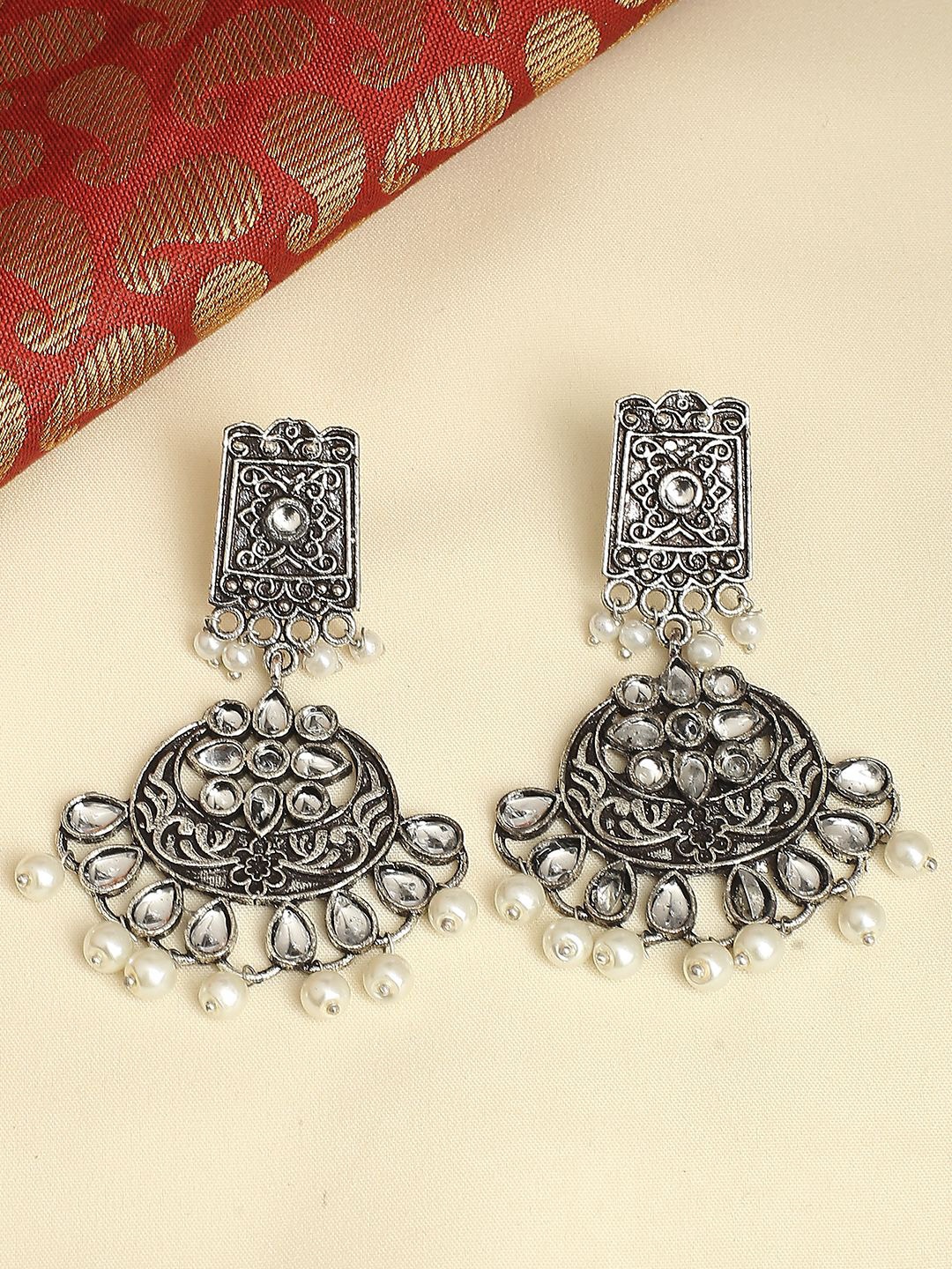 

Sangria Oxidized Floral Shaped Kundan Studded & Pearls Beaded Drop Earrings, Silver